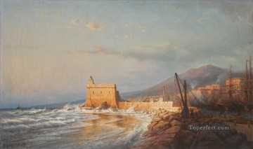 風景 Painting - 嵐の日没 マントン・アレクセイ・ボゴリュボフの波止場風景